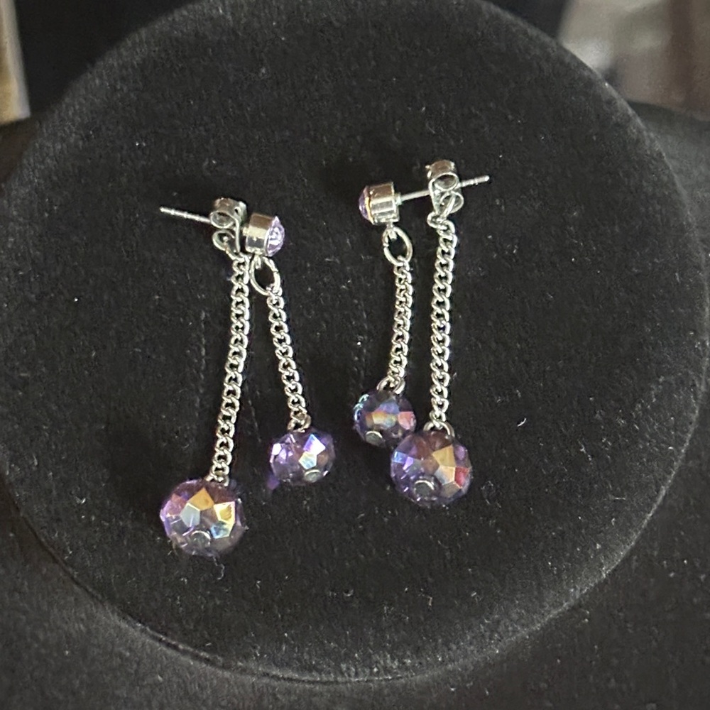 Silver and Purple Dangle Earrings. The backs also have a dangle.